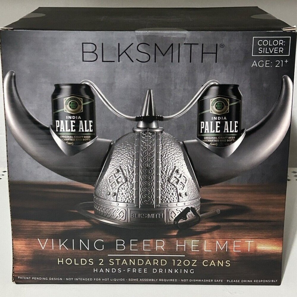 “Viking Beer Helmet” Silver Holds 2/12 Oz Cans Hands Free Drinking Party, Sport
